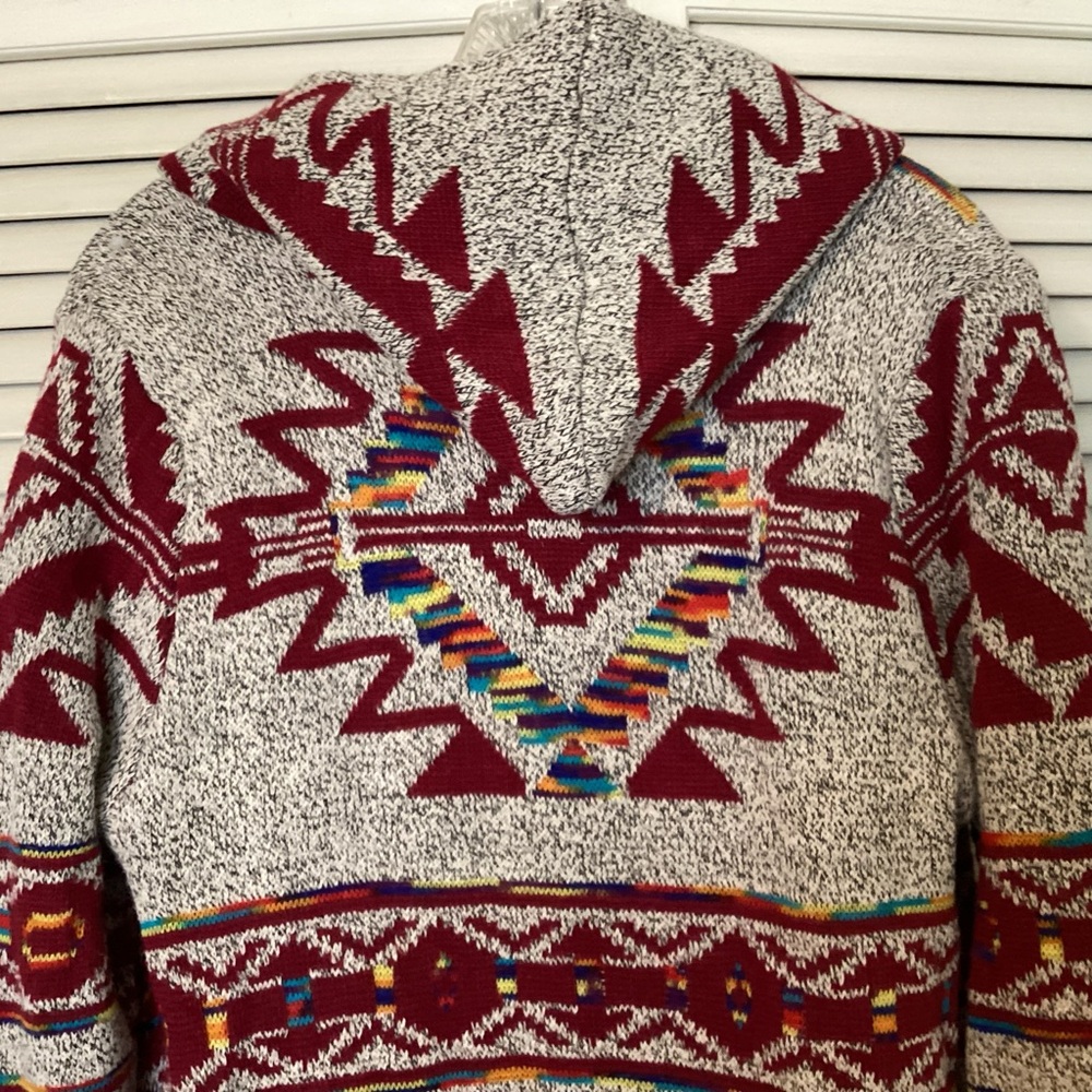 Aztec Southwestern Red and Gray Women's Hooded Cardigan Duster Northern Angel - Picture 5 of 13